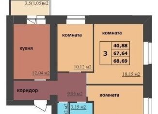 Продаю трехкомнатную квартиру, 68.7 м2, Ярославль, Дзержинский район