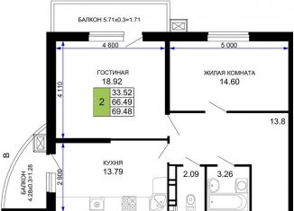 Продажа 2-комнатной квартиры, 69.5 м2, Краснодар, Музыкальный микрорайон