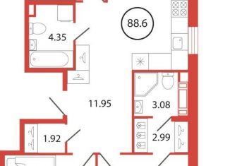 3-комнатная квартира на продажу, 88.6 м2, поселок Бугры