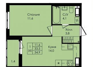 1-комнатная квартира на продажу, 34.9 м2, Ленинградская область