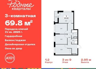Трехкомнатная квартира на продажу, 69.8 м2, Москва