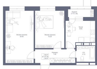 Продается 2-ком. квартира, 58.7 м2, Казань