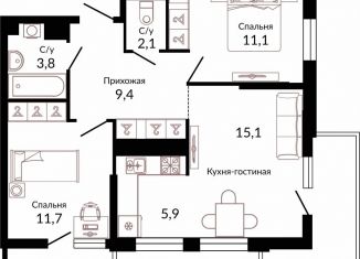 Продается двухкомнатная квартира, 62.9 м2, Краснодар