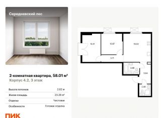 Продается двухкомнатная квартира, 58 м2, поселение Филимонковское, ЖК Середневский Лес