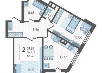 Продаю двухкомнатную квартиру, 63.4 м2, Краснодар, микрорайон Догма Парк
