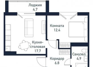 1-комнатная квартира на продажу, 41.6 м2, Челябинская область, улица имени Ефрейтора Потехина, 5