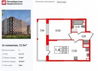 Продается однокомнатная квартира, 32.9 м2, Санкт-Петербург, муниципальный округ Невский