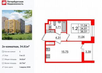 Продажа 1-ком. квартиры, 34.8 м2, Санкт-Петербург, муниципальный округ Коломяги