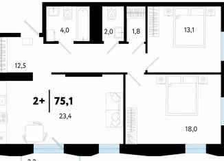 2-комнатная квартира на продажу, 75.2 м2, Тюмень, улица Судостроителей, 56