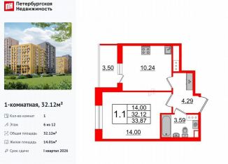 Продается 1-ком. квартира, 32.1 м2, Санкт-Петербург, метро Озерки