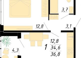 1-комнатная квартира на продажу, 36.8 м2, Воронеж, Советский район, улица Полковника Богомолова, 1