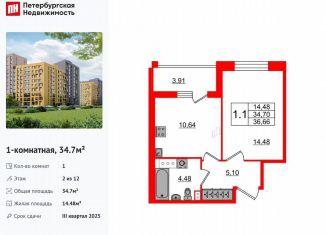 Продажа 1-комнатной квартиры, 34.7 м2, Санкт-Петербург, метро Озерки