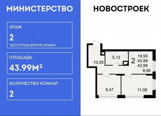 Двухкомнатная квартира на продажу, 44 м2, Рязань