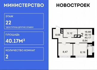 Продается 2-комнатная квартира, 40.2 м2, Рязань