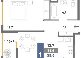 1-комнатная квартира на продажу, 38.6 м2, Симферополь, Киевская улица, 189, Железнодорожный район