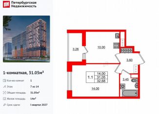 1-комнатная квартира на продажу, 31.1 м2, деревня Новосаратовка