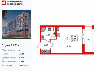 Продается квартира студия, 25.4 м2, деревня Новосаратовка