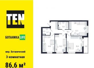 Продается трехкомнатная квартира, 86.6 м2, Екатеринбург, улица 8 Марта, 204Д, ЖК Ботаника Лайф