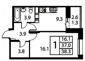 Продам 1-комнатную квартиру, 38.3 м2, Домодедово