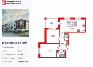 Продам 2-комнатную квартиру, 54.8 м2, Санкт-Петербург, муниципальный округ Пулковский Меридиан