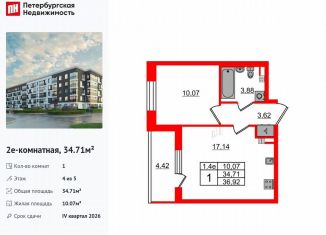 Продается однокомнатная квартира, 34.7 м2, Санкт-Петербург, метро Звёздная