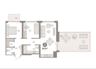 Продам 2-ком. квартиру, 88.8 м2, Тюмень, ЖК Речной Порт