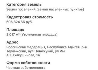 Участок на продажу, 20.2 сот., аул Понежукай, улица Ленина