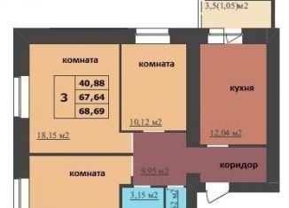 3-комнатная квартира на продажу, 68.7 м2, Ярославль, Дзержинский район