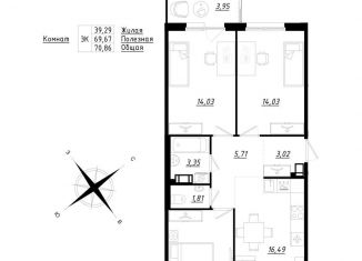 Продам 3-комнатную квартиру, 70.9 м2, городской посёлок Фёдоровское