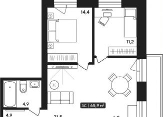 Продается 3-комнатная квартира, 65.9 м2, Новосибирск, улица Аэропорт, 88, ЖК Авиатор