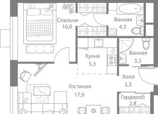 2-комнатная квартира на продажу, 52.9 м2, Москва, метро Молодёжная