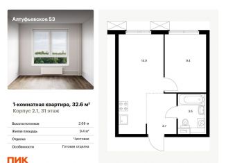Продается однокомнатная квартира, 32.6 м2, Москва, Алтуфьевский район