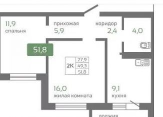 Продается 2-комнатная квартира, 51.8 м2, Красноярск, Октябрьский район, Норильская улица, с2