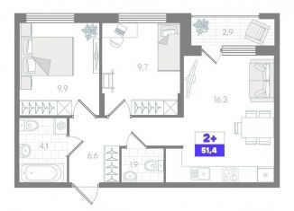 Продам двухкомнатную квартиру, 51.4 м2, Тюмень, Калининский округ