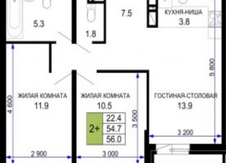 Продается 2-комнатная квартира, 56 м2, Краснодар, Прикубанский округ