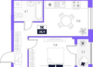 Продаю однокомнатную квартиру, 35.9 м2, Тюмень, Калининский округ