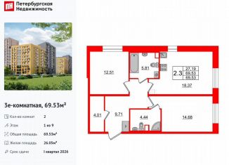 Продаю двухкомнатную квартиру, 69.5 м2, Санкт-Петербург, метро Озерки