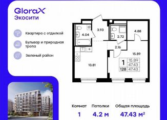 Продается 1-ком. квартира, 47.4 м2, Казань