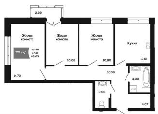 Продается 3-ком. квартира, 68 м2, Новосибирск, метро Студенческая, улица Титова, 48