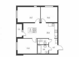 Продается трехкомнатная квартира, 68.1 м2, городской посёлок имени Свердлова