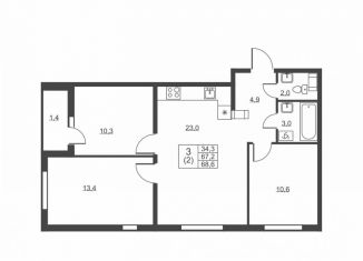 Продается 3-комнатная квартира, 68.6 м2, городской посёлок имени Свердлова