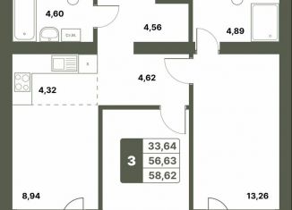 Продается трехкомнатная квартира, 58.6 м2, село Миловка