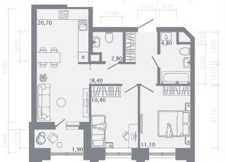 Продается 2-ком. квартира, 60.1 м2, Казань, Советский район