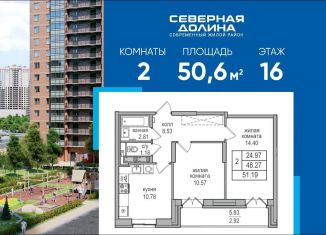 2-комнатная квартира на продажу, 50.6 м2, посёлок Парголово, Заречная улица, 52к1, ЖК Северная Долина