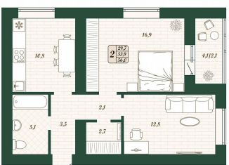 Продажа двухкомнатной квартиры, 53.9 м2, поселок городского типа Стройкерамика