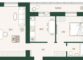 Продажа 2-ком. квартиры, 55.6 м2, поселок городского типа Стройкерамика