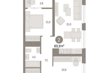 Продам двухкомнатную квартиру, 60.9 м2, деревня Сапроново, жилой комплекс Первый Квартал, 5