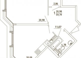 1-комнатная квартира на продажу, 59.8 м2, деревня Бородки, Парковая улица, 1