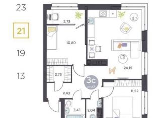 Продается 3-комнатная квартира, 69 м2, Новосибирск, 1-я Чулымская улица, с18, ЖК Ясный Берег