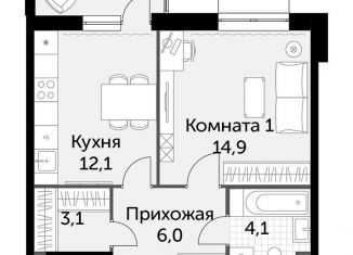 Однокомнатная квартира на продажу, 41.3 м2, деревня Бородино, Малая Бородинская улица, 1к7